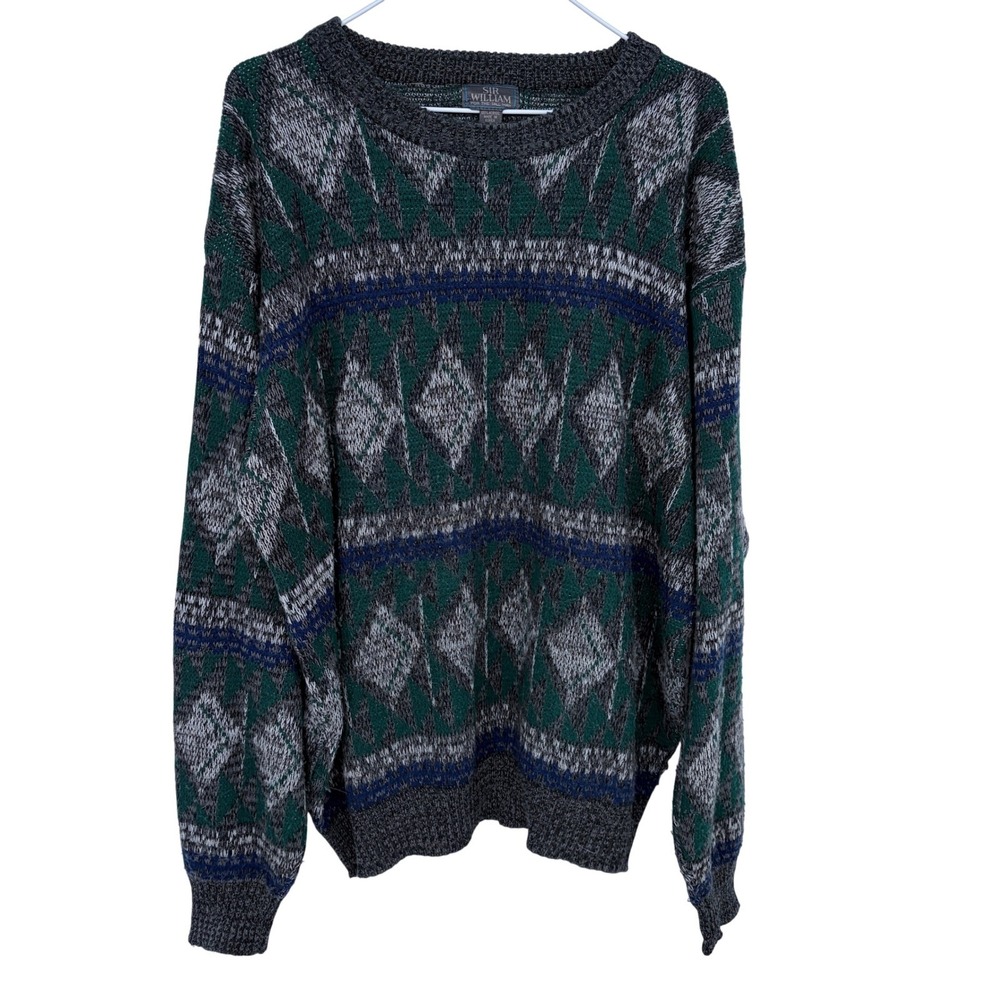 Sir William Geometric Pattern Crewneck Sweater Green Blue‎ Gray Men's 2XLT